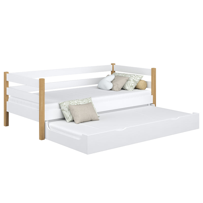 Houten slaapbank met matraslade wit-eiken – kinderkamer, scandi