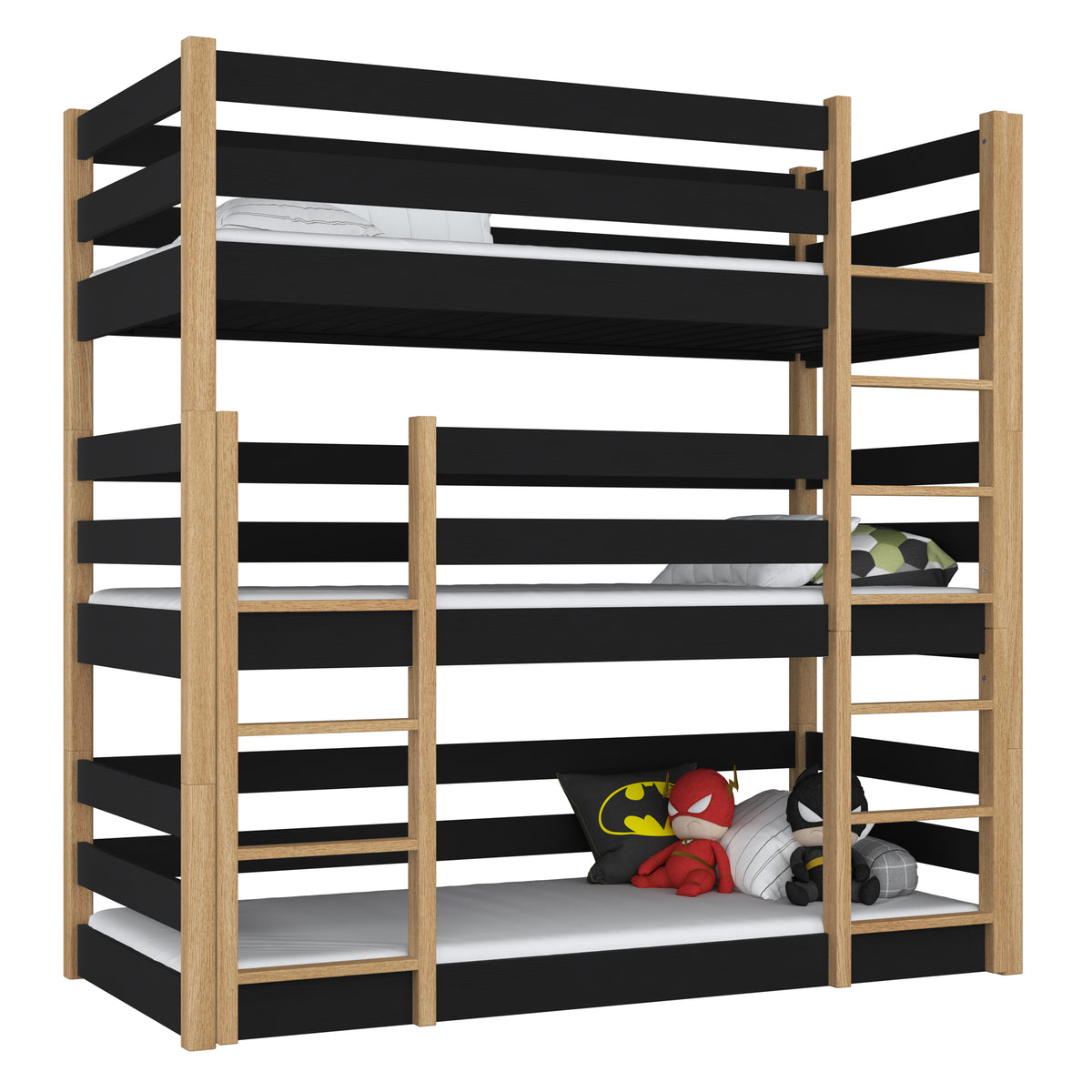 Driedekker bed houten zwart met eiken – drie slaapplaatsen, scandi kinderkamer
