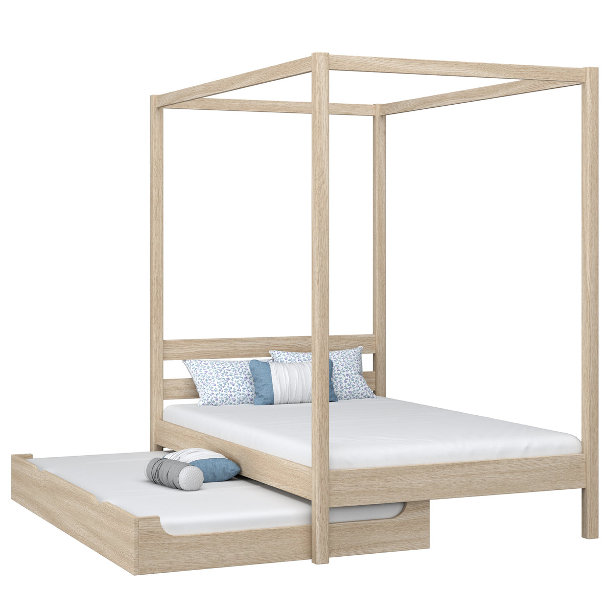 Bed met hemelbed en matraslade eiken gewit eiken – kinderkamer scandi
