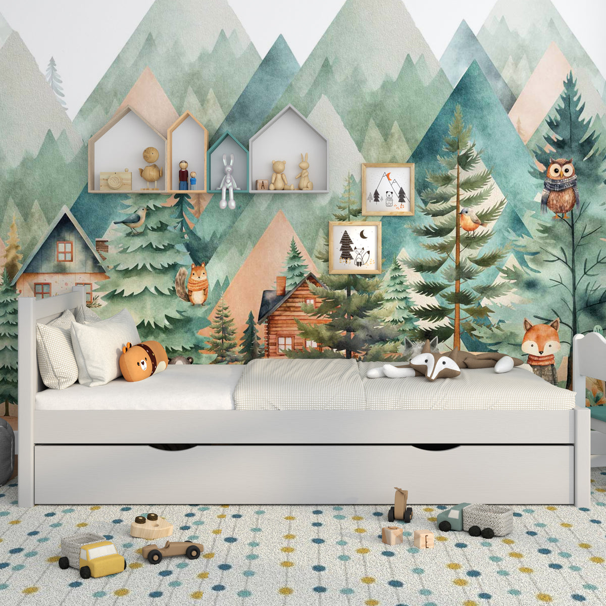 Bed grijs met lade – zijaanzicht, houten, Nizio Home