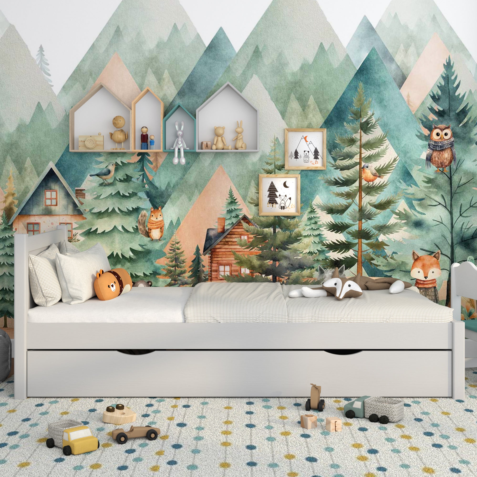 Bed grijs met lade – zijaanzicht, houten, Nizio Home