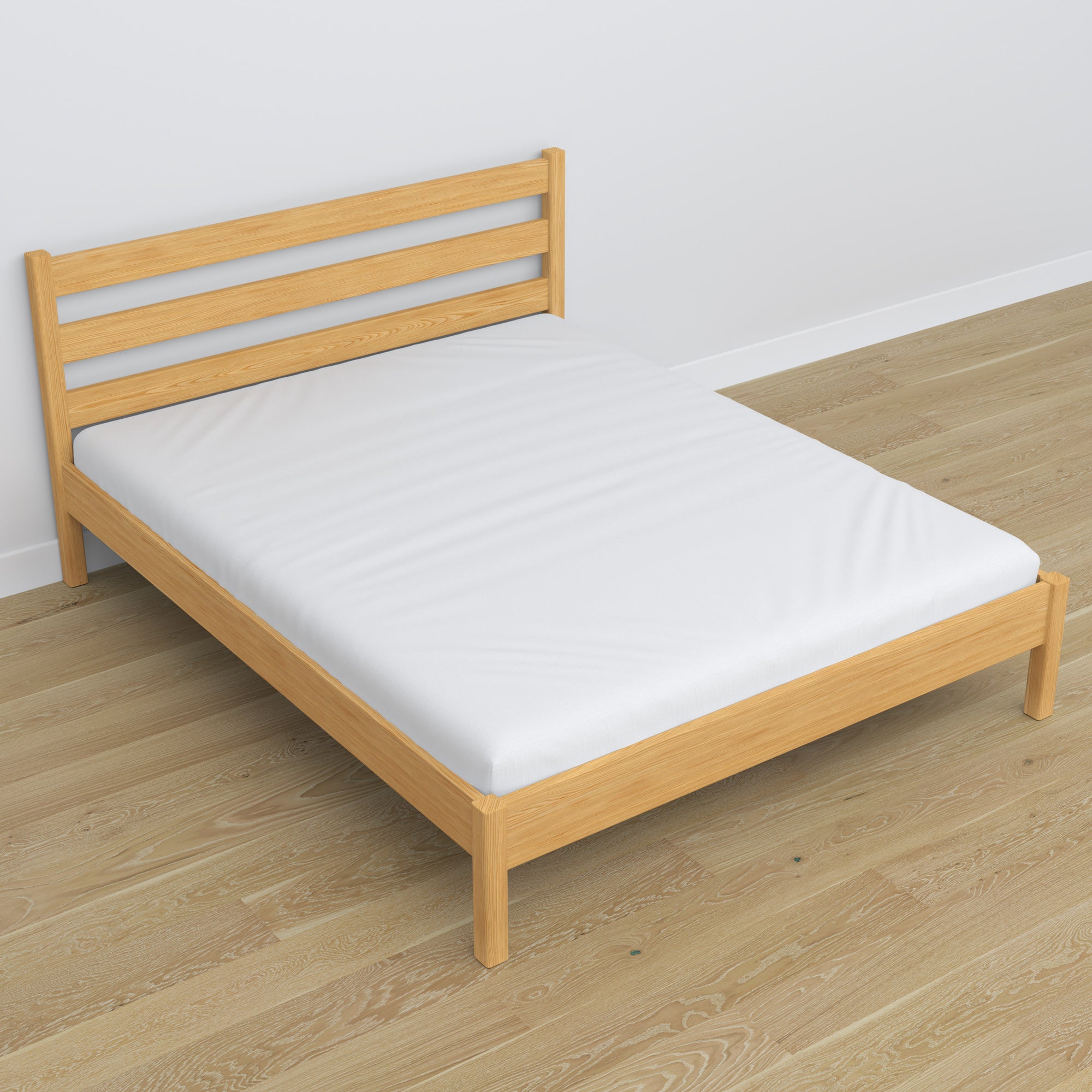 Tweepersoonsbed naturel grenen in de slaapkamer – inrichting met beddengoed, scandi stijl