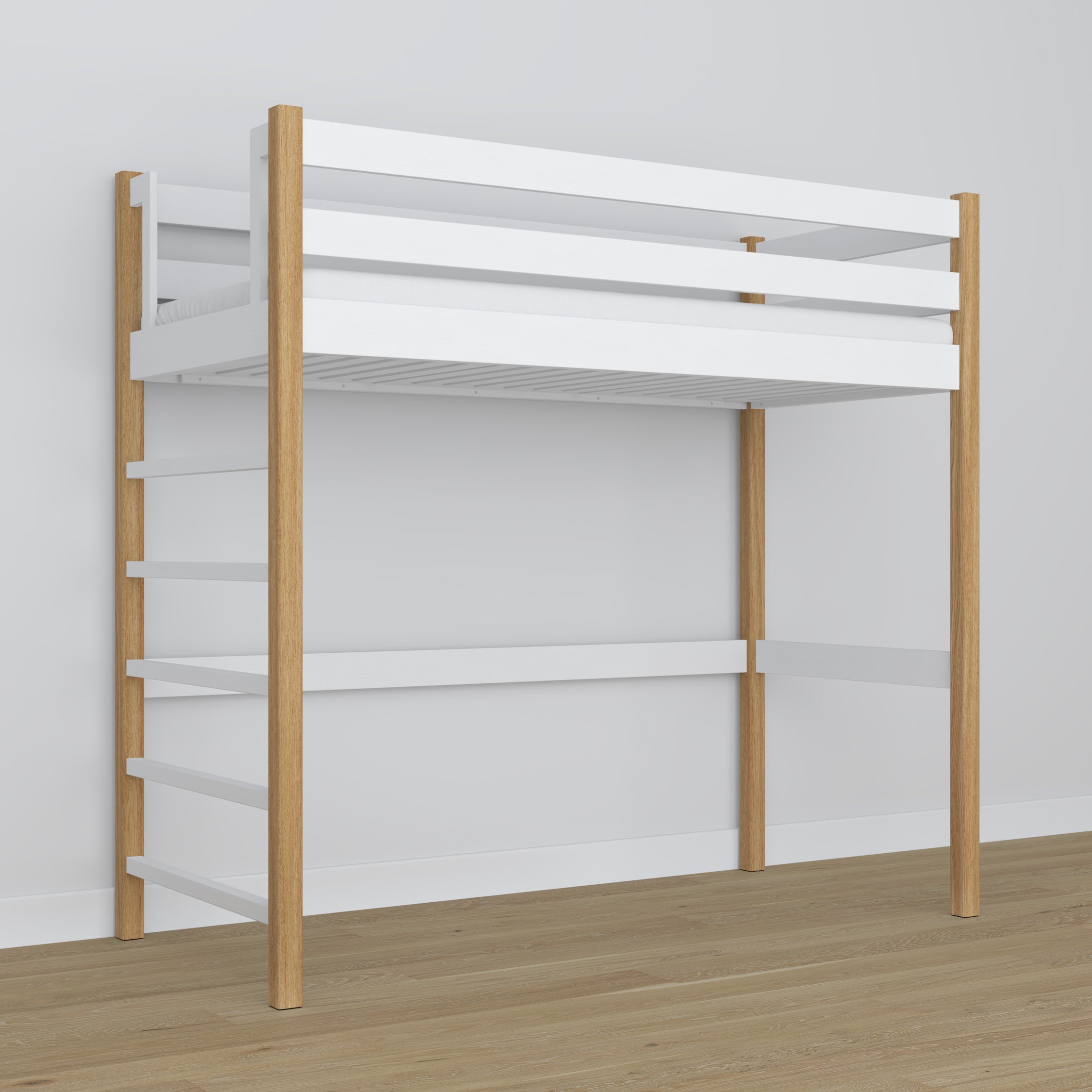 Lit mezzanine en bois blanc-chêne – sommier à lattes, vue de côté