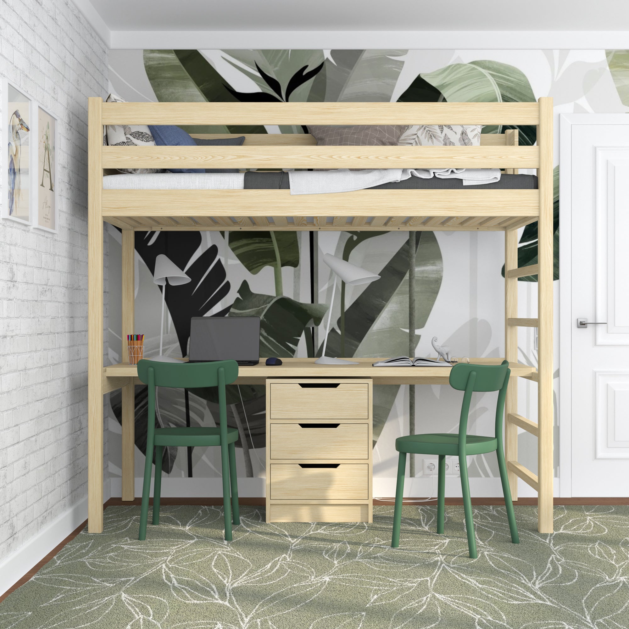 Loft bed clear pine with desk – study space under the sleeping area, wooden