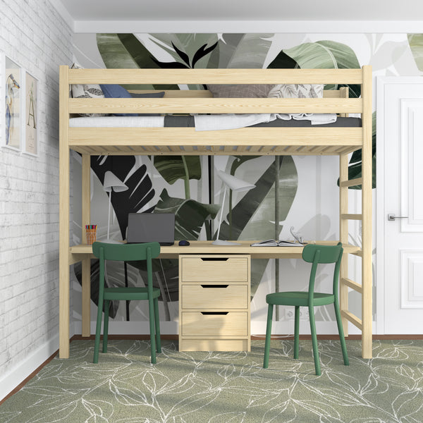 Lit mezzanine pin incolore avec bureau – espace d'apprentissage sous la chambre, en bois