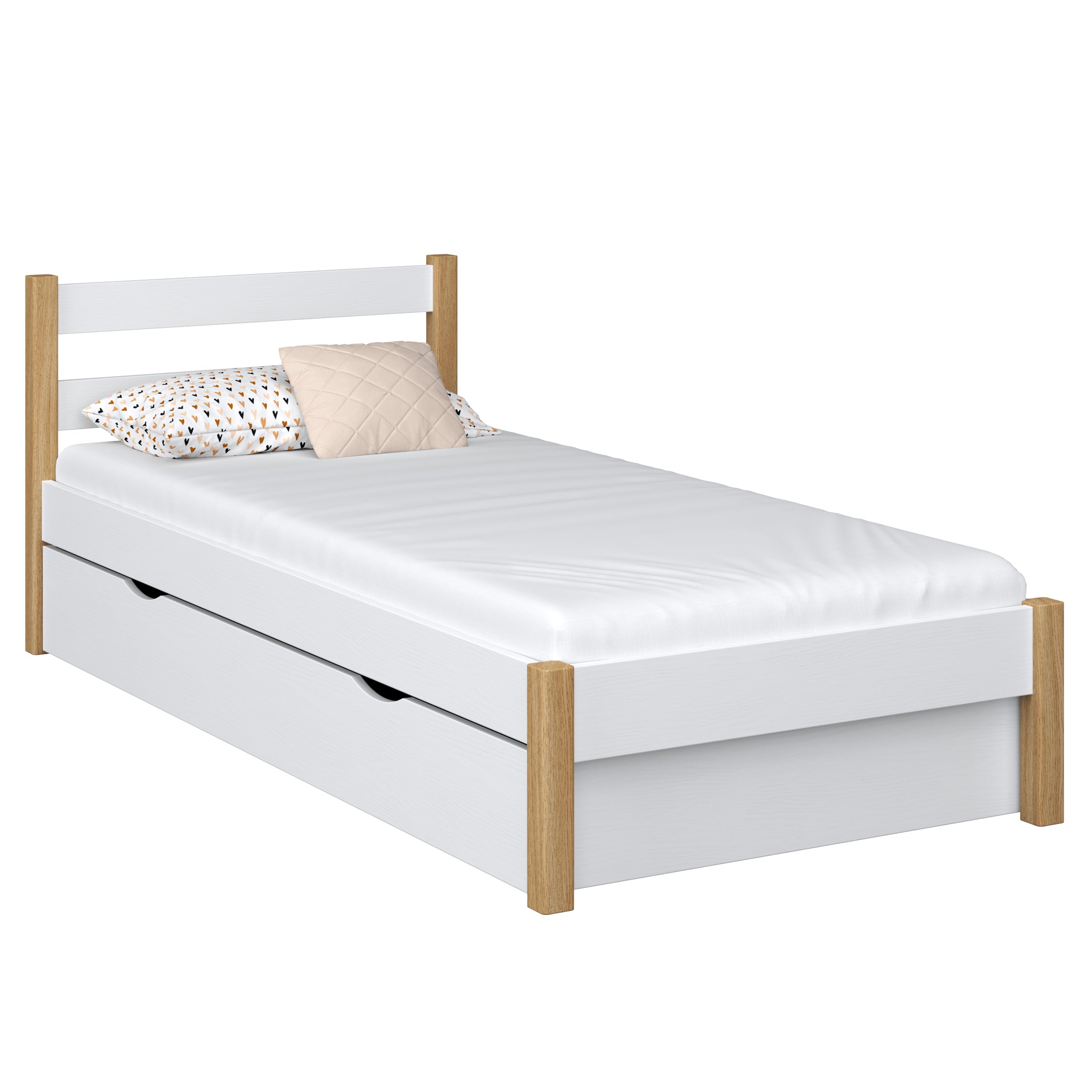 Lit simple avec tiroir en bois blanc-chêne – chambre d'enfant, style scandinave