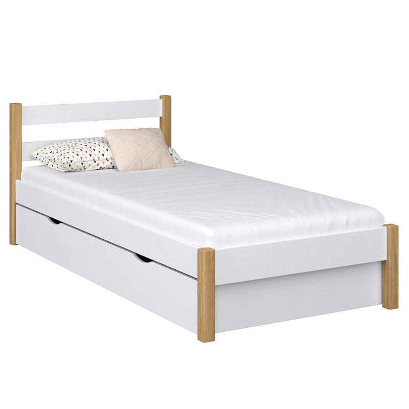 Lit simple avec tiroir en bois blanc-chêne – chambre d'enfant, style scandinave