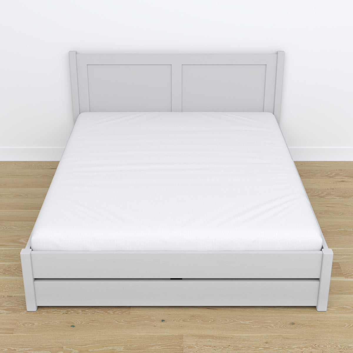 Tweepersoonsbed met lade van hout grijs – schuine aanzicht, scandi slaapkamer