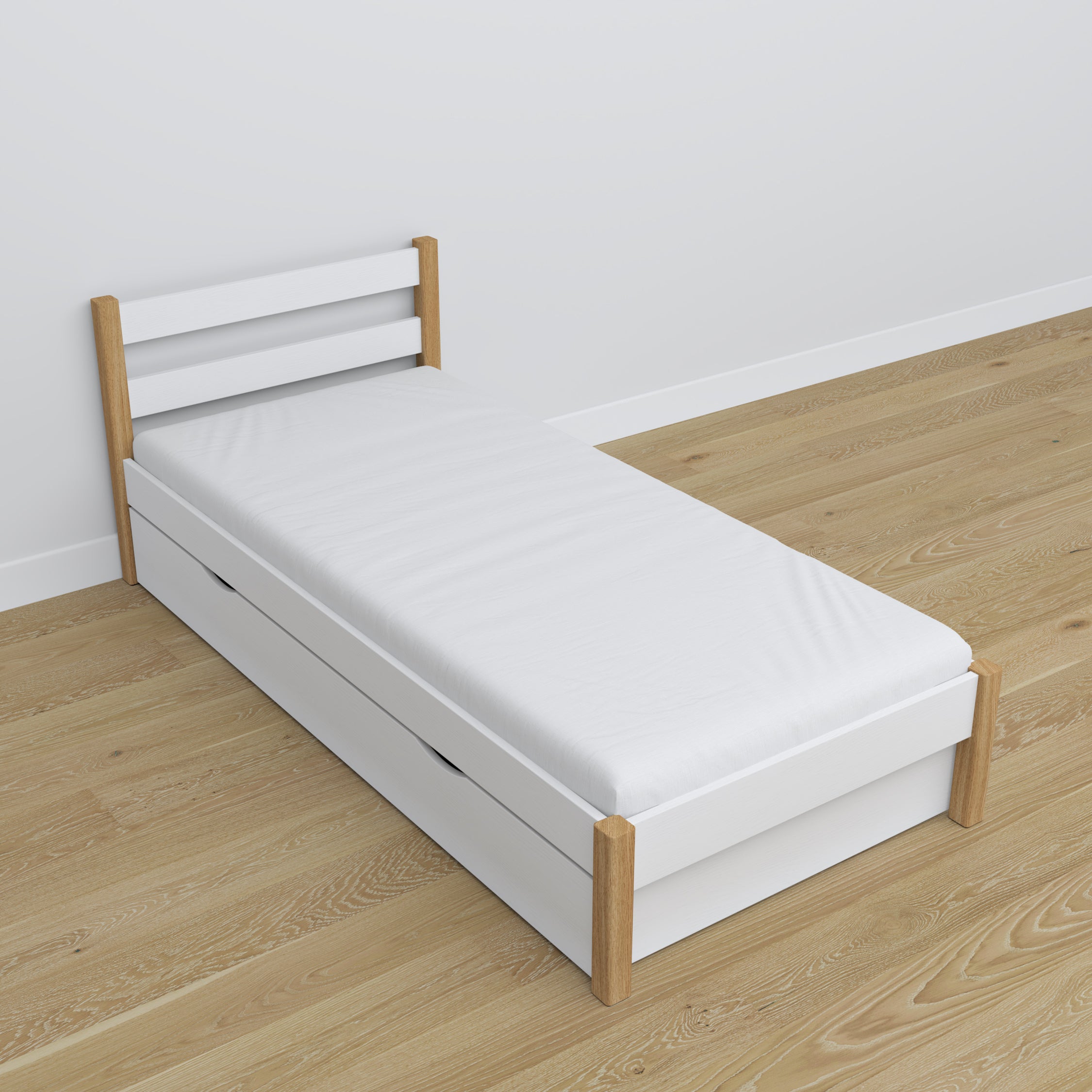 Lit avec tiroir en bois blanc-chêne – dimensions et schéma, Nizio Home