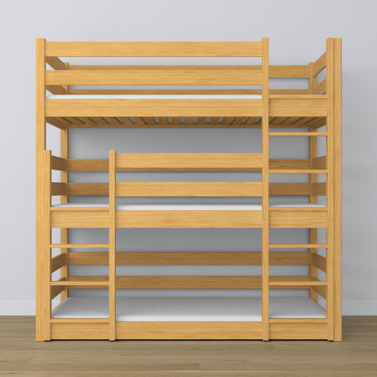 Drielaags stapelbed naturel grenen – ladder en veiligheidsranden, houten