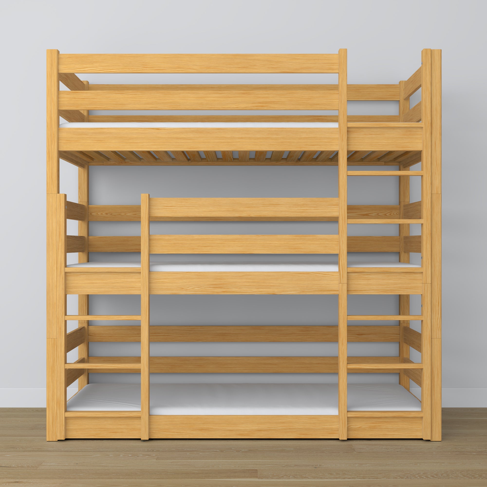 Drielaags stapelbed naturel grenen – ladder en veiligheidsranden, houten