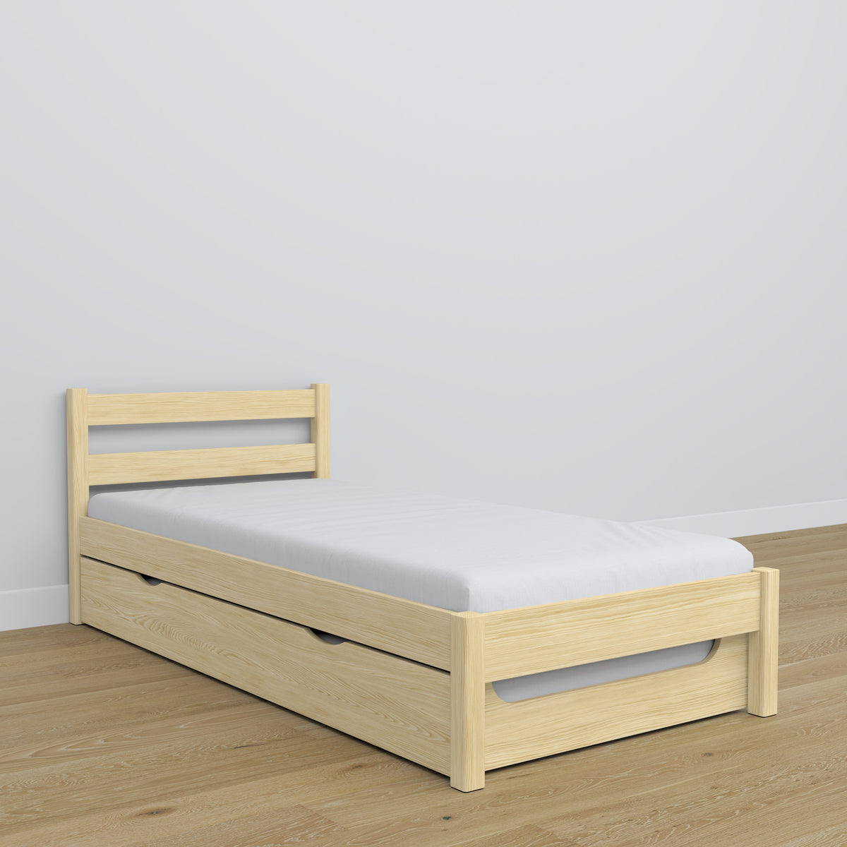 Clear pine bed – mattress drawer, wooden details, Nizio Home
