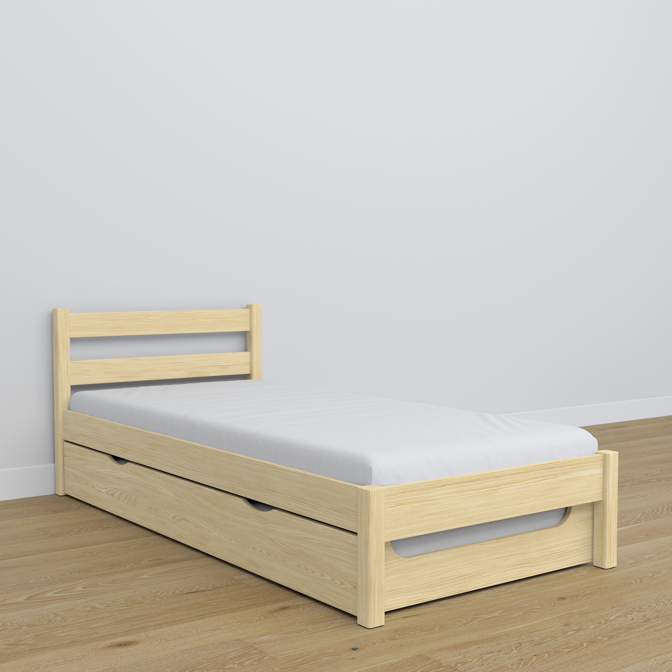 Clear pine bed – mattress drawer, wooden details, Nizio Home