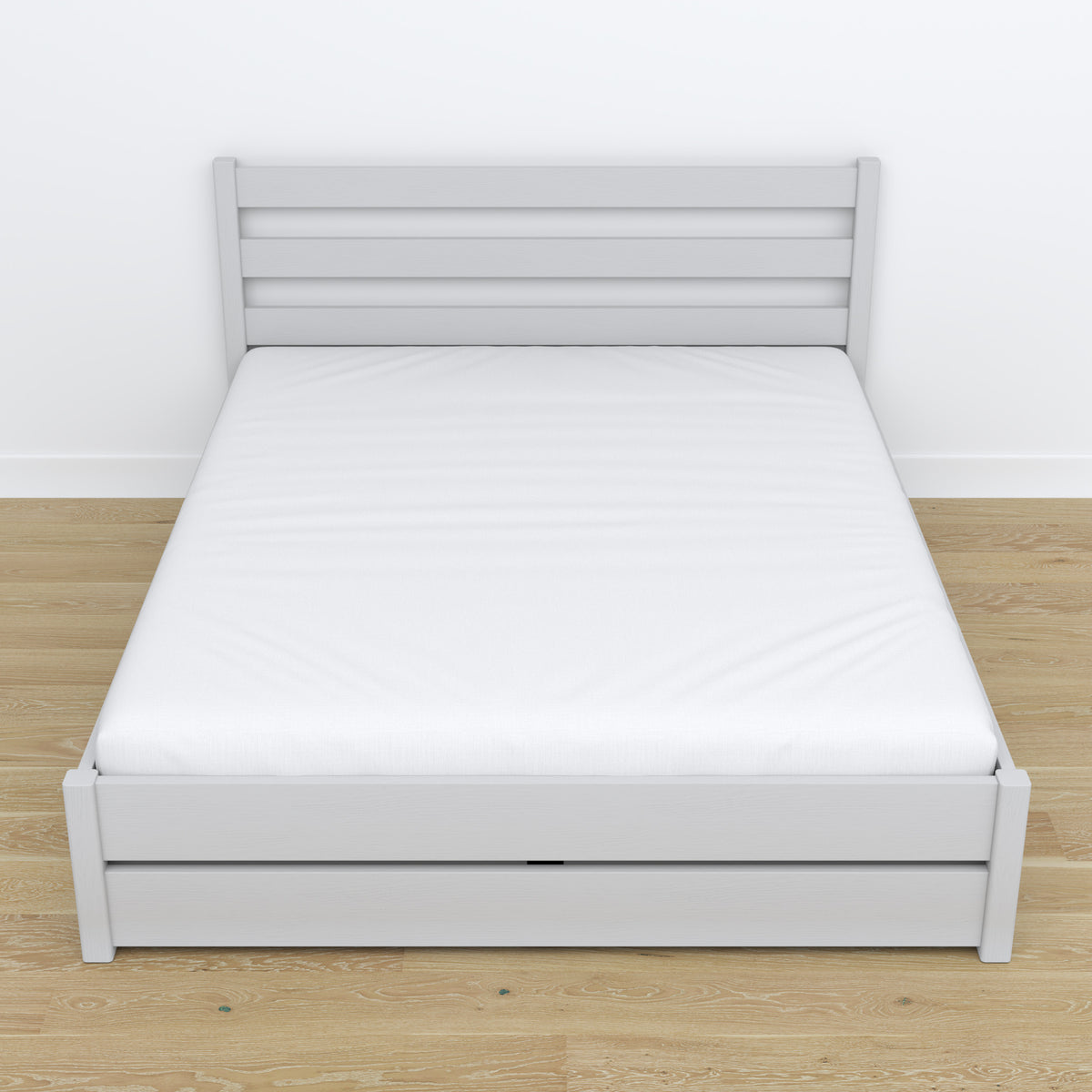 Lit double avec tiroir en bois gris – vue en biais, chambre scandinave