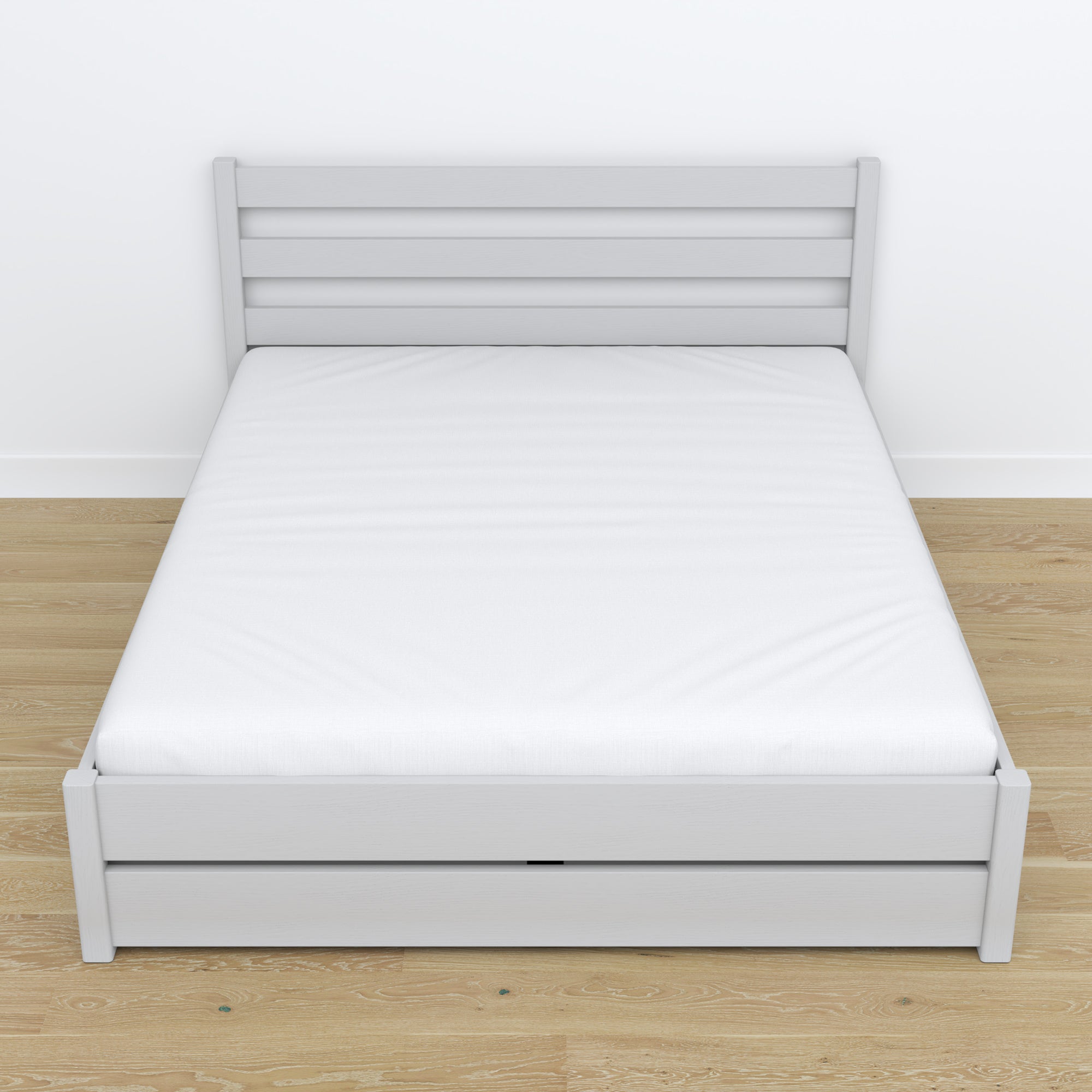 Lit double avec tiroir en bois gris – vue en biais, chambre scandinave