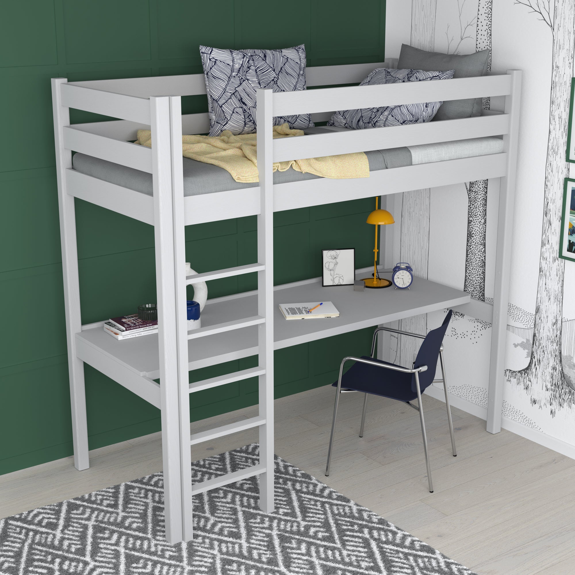 Lit mezzanine gris – bureau en bois pod chambre, chambre d'enfant scandinave