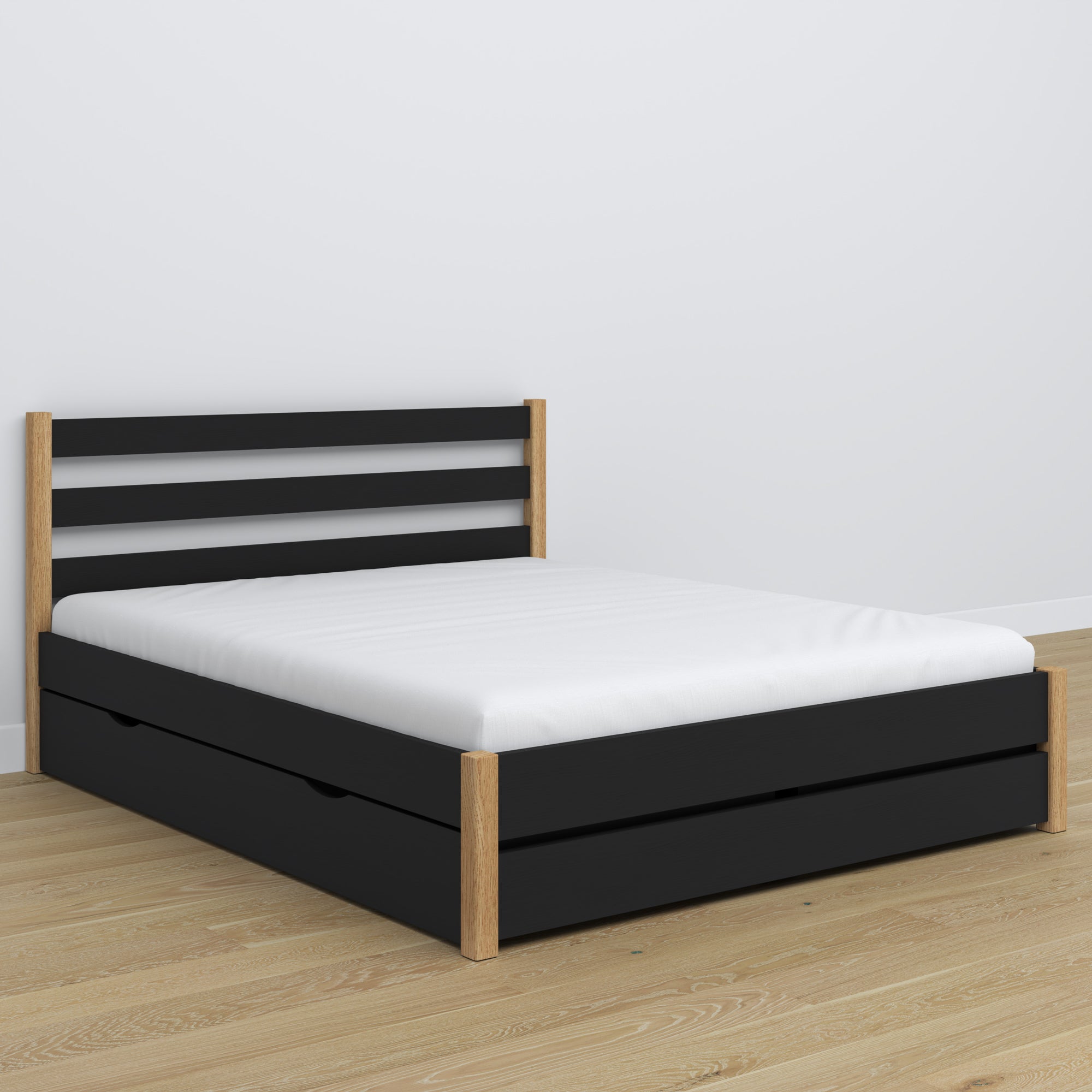 Tweepersoonsbed zwart met eiken met lade – houten hoofdeinde, close-up