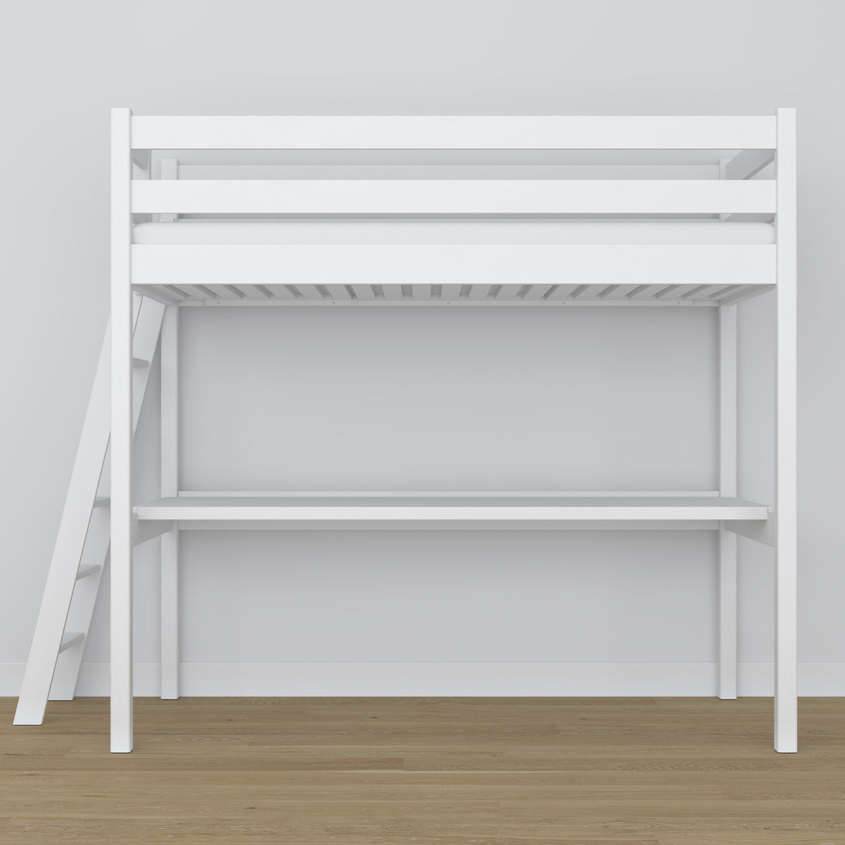 Lit mezzanine avec bureau en bois blanc – détails des assemblages et de l'échelle