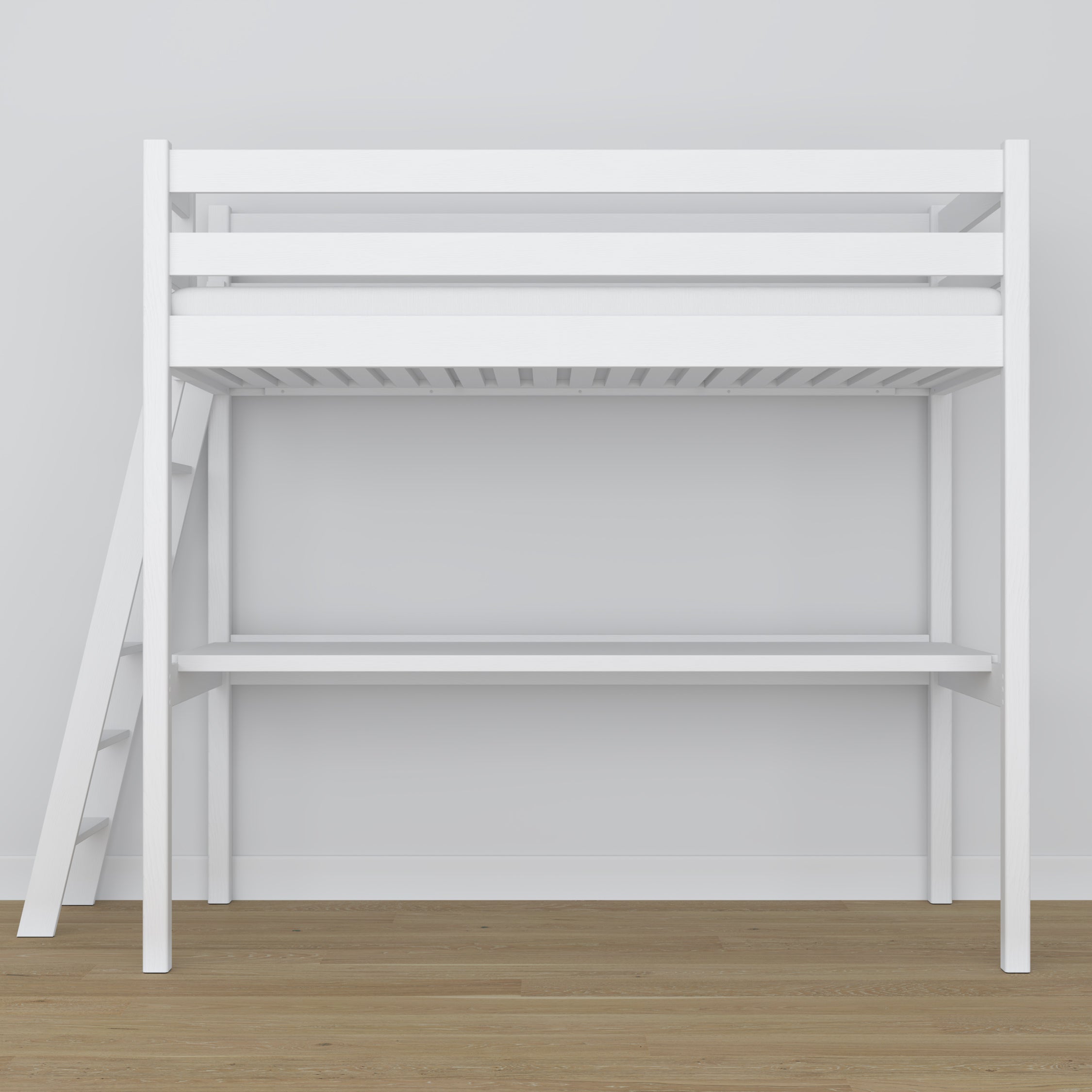 Lit mezzanine avec bureau en bois blanc – détails des assemblages et de l'échelle