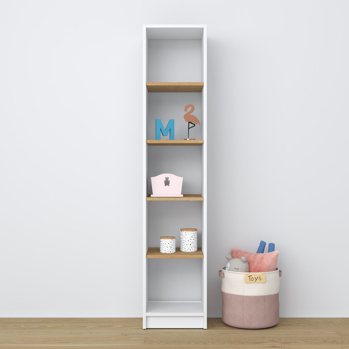 Bookcase wooden white-oak – close-up of shelves and details, Nizio Home