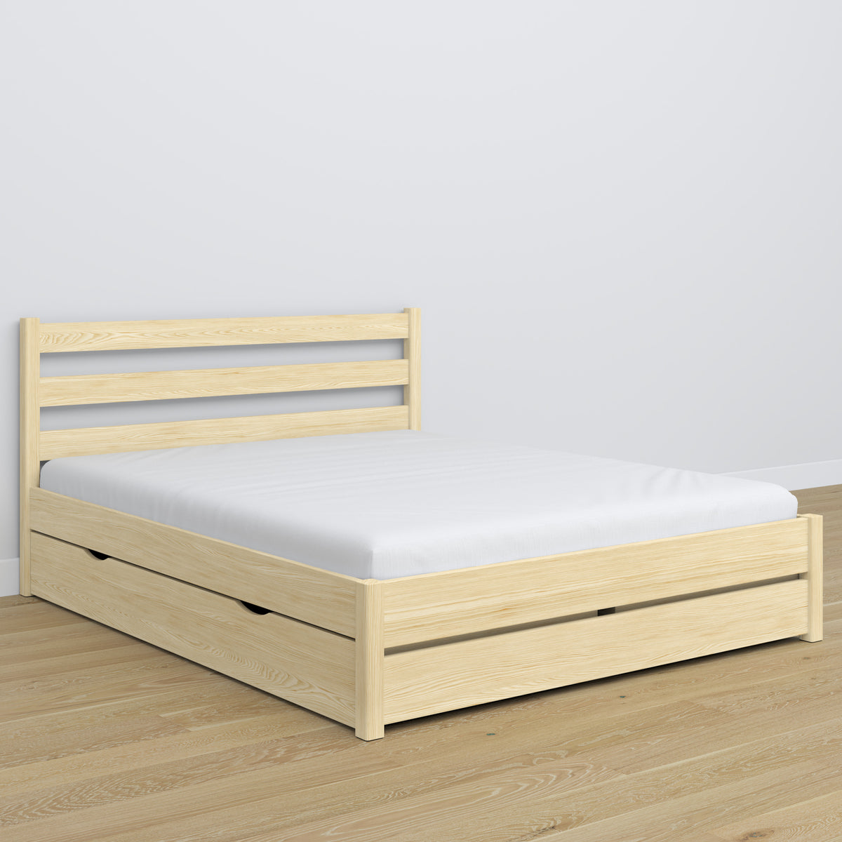 Lit double pin incolore z tiroir – tête de lit en bois, gros plan