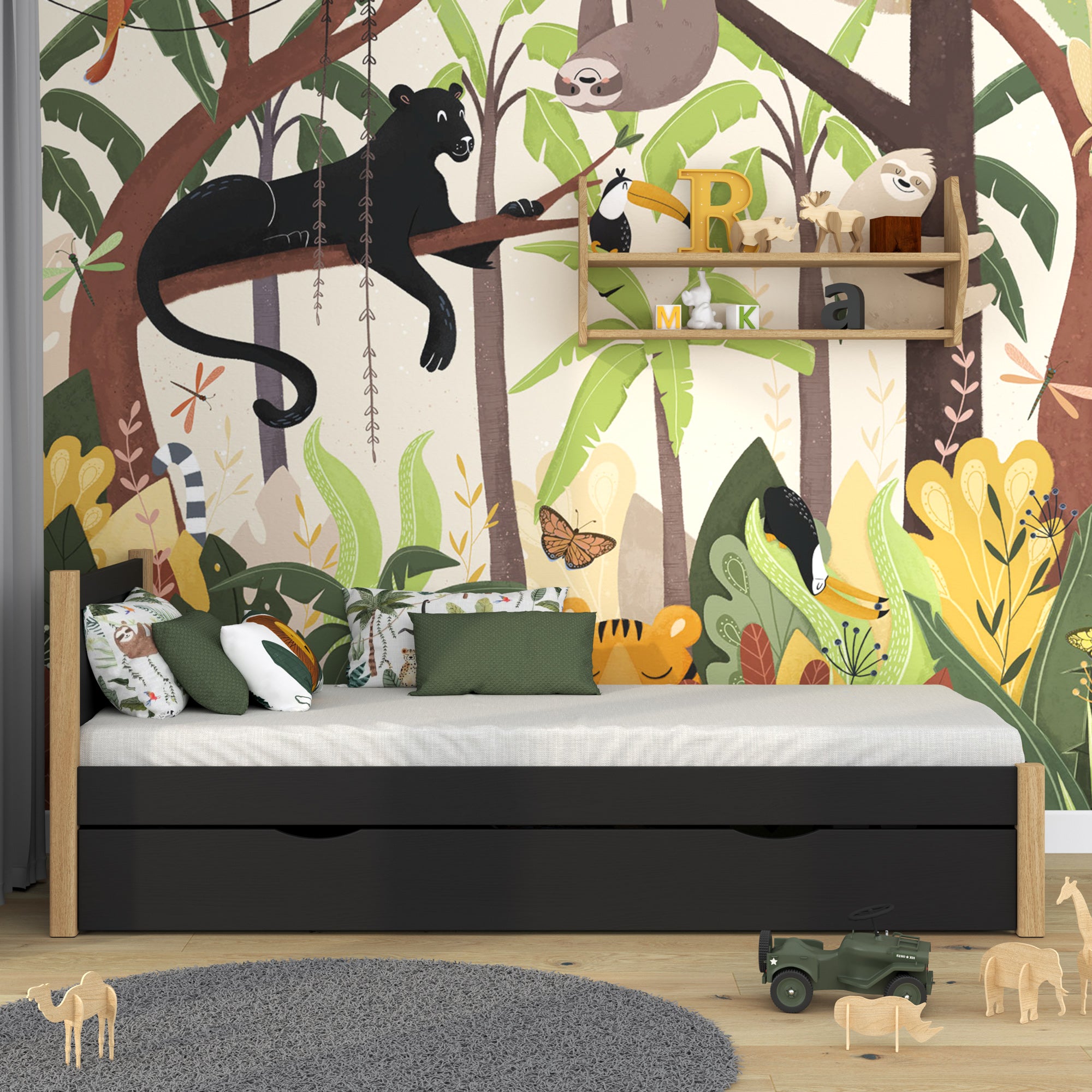 Black and Oak Bed with Drawer – Side View, Wooden, Nizio Home