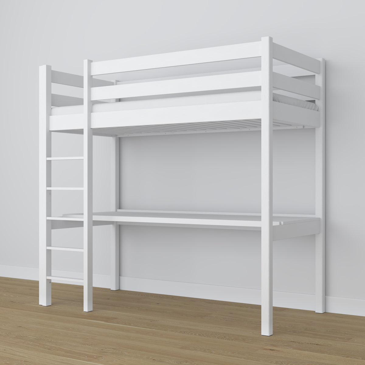 Lit mezzanine avec bureau en bois blanc – détails des assemblages et de l'échelle