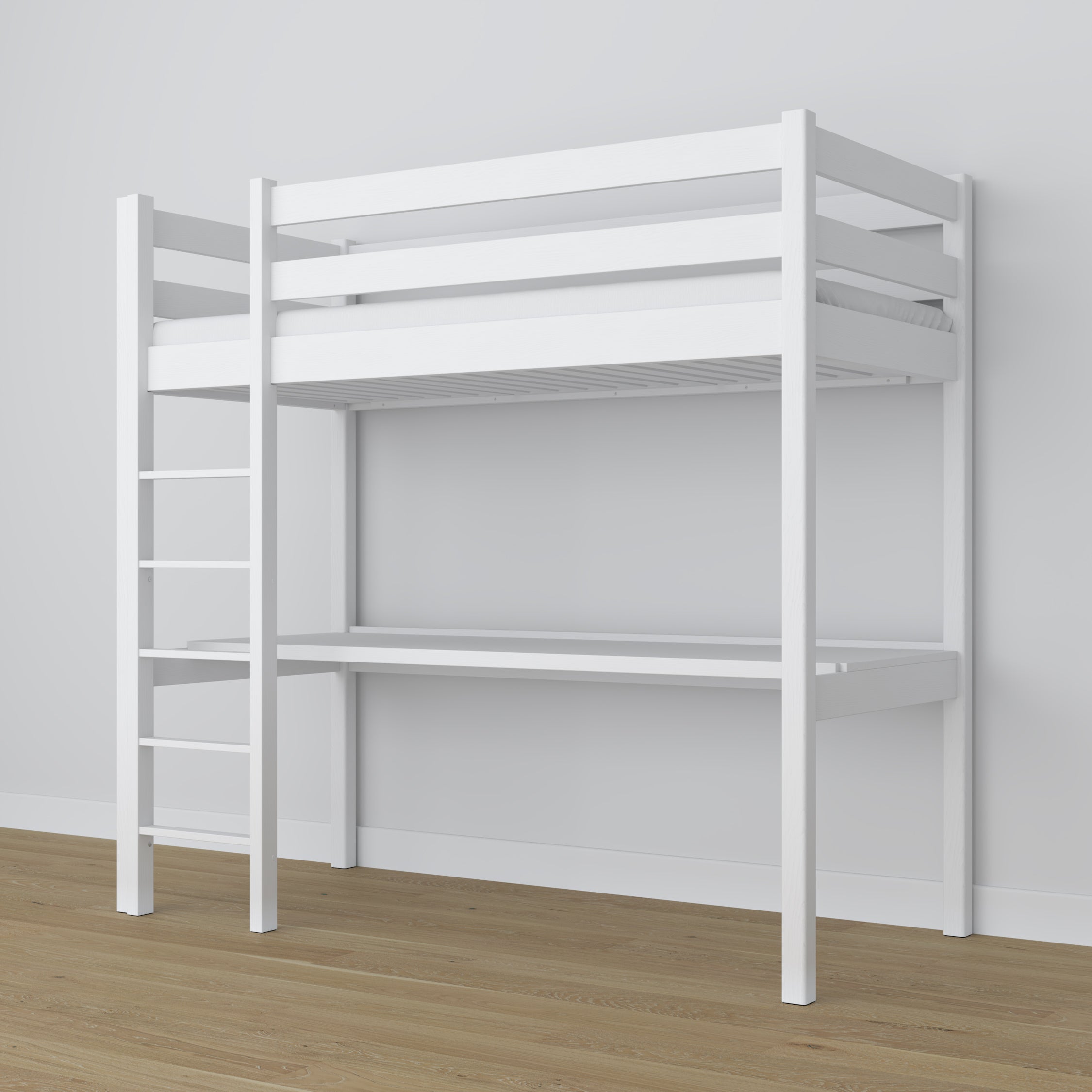 Lit mezzanine avec bureau en bois blanc – détails des assemblages et de l'échelle
