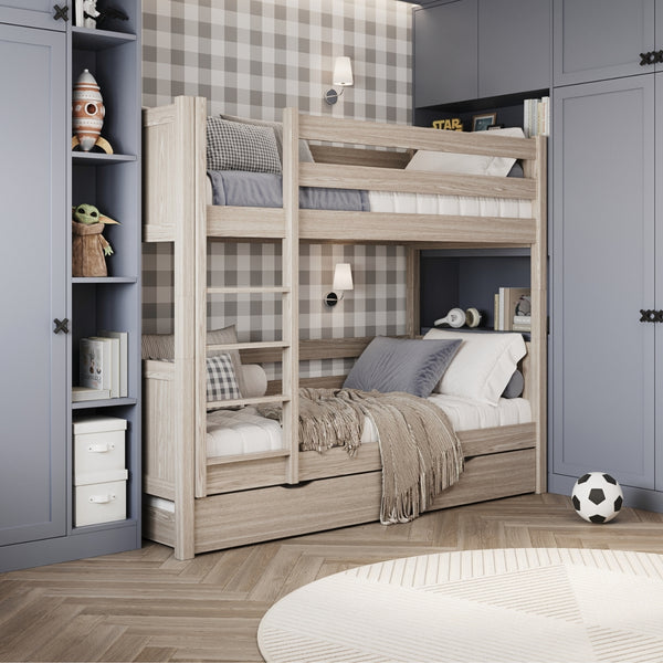 Lit superposé chêne blanchi z tiroir na matelas – barrière, en chêne, Nizio Home