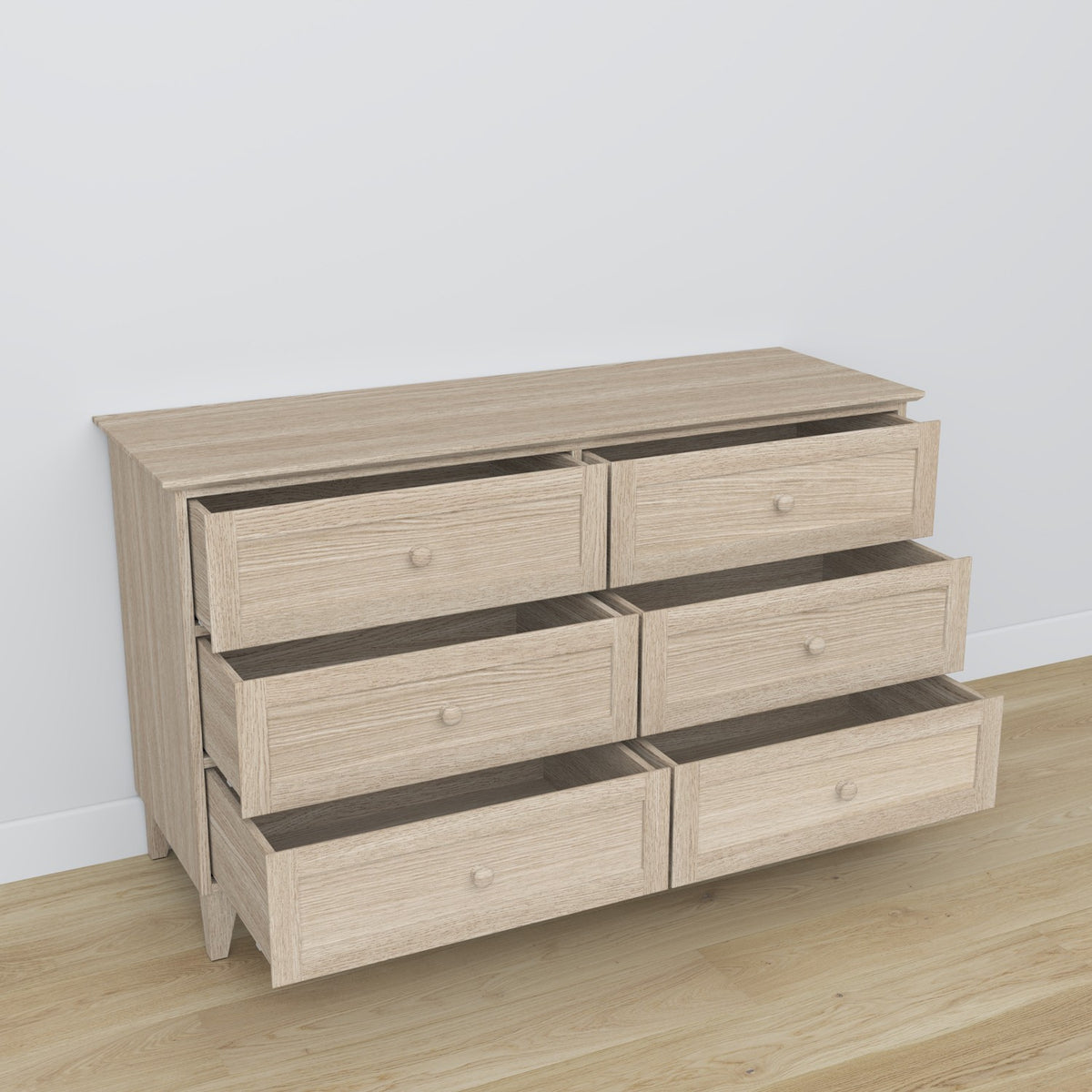 Commode 6S eiken gewit eiken – lades open, ruim interieur opbergruimte