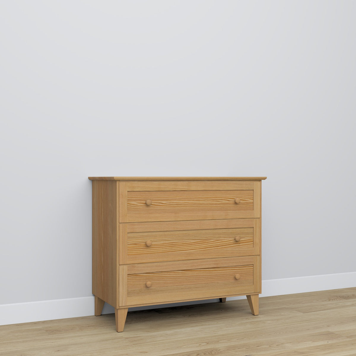 Chest of drawers 3S natural pine – handle and drawer front, close-up of pine finish