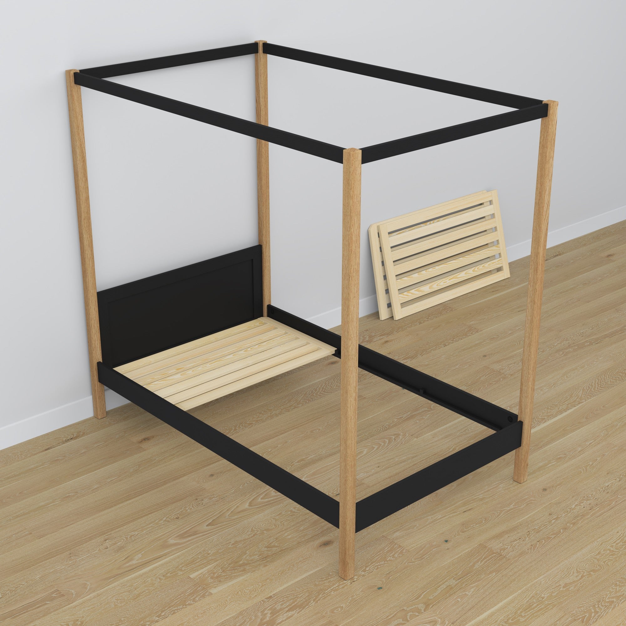 Hemelbed zwart-eiken – houten details en verbindingen, Nizio Home