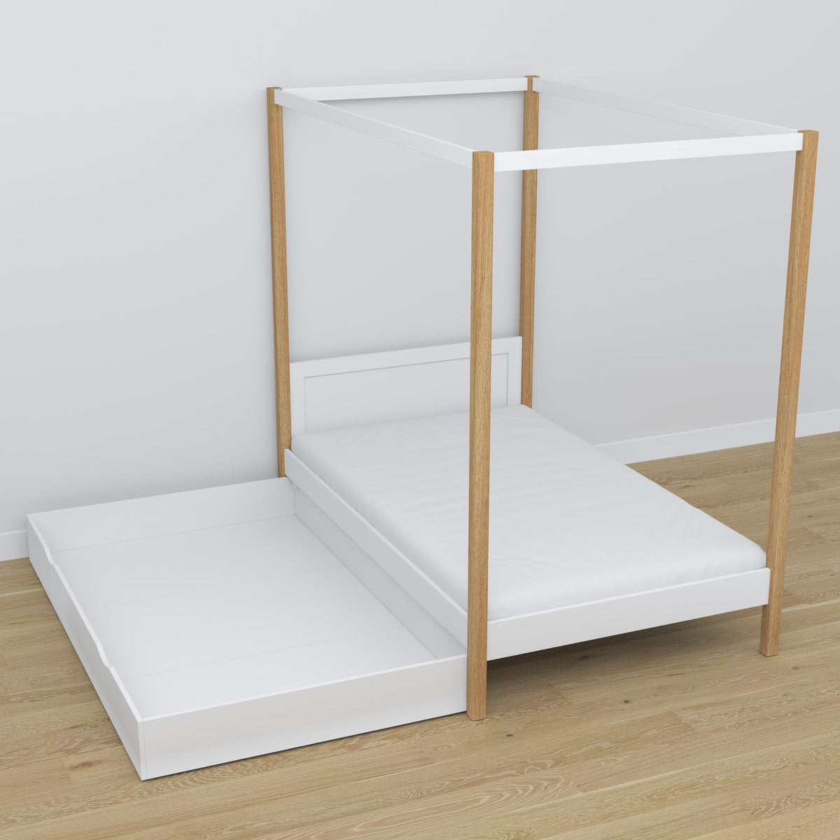 Houten bed met hemelbed wit-eiken – decoratief frame, kinderkamer