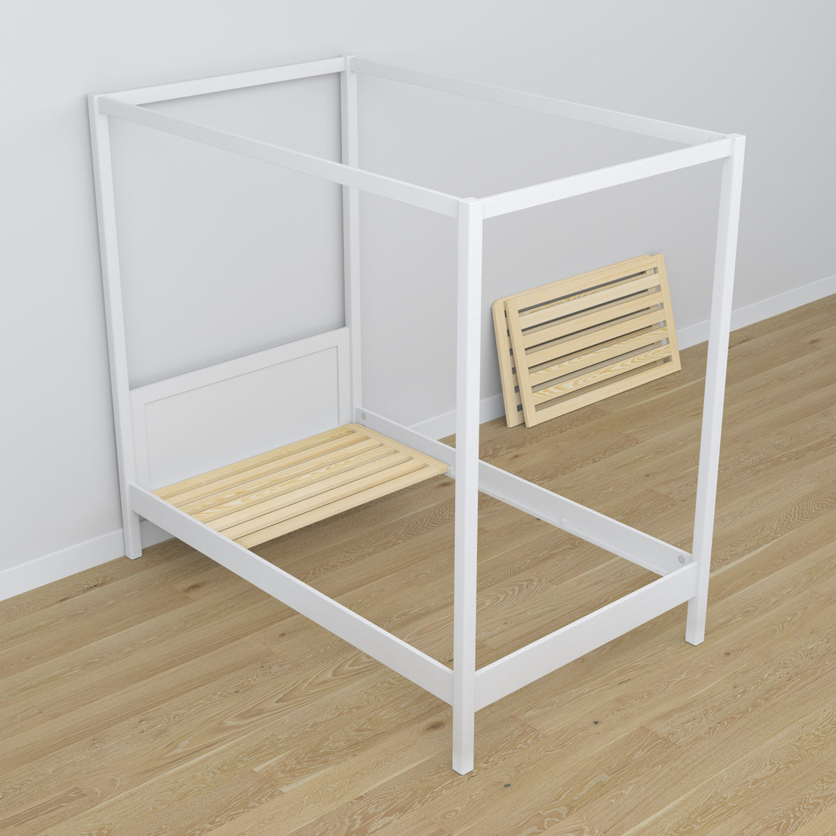 Łóżko pojedyncze z baldachimem i szufladą na materac N02 biały – dodatkowy widok, ekologiczne drewno