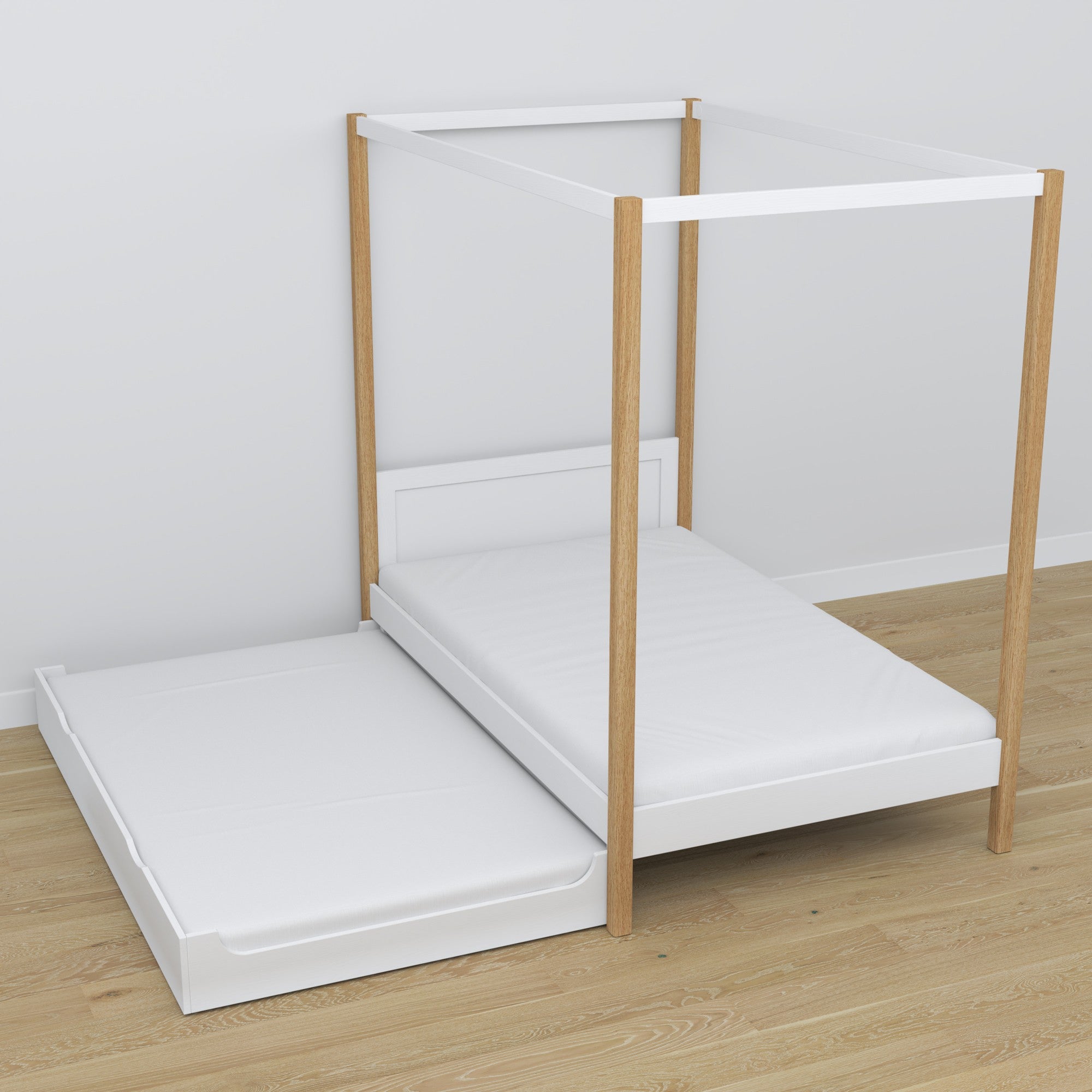 Bed met hemel houten wit-eiken – lade uitgetrokken, logeerplaats