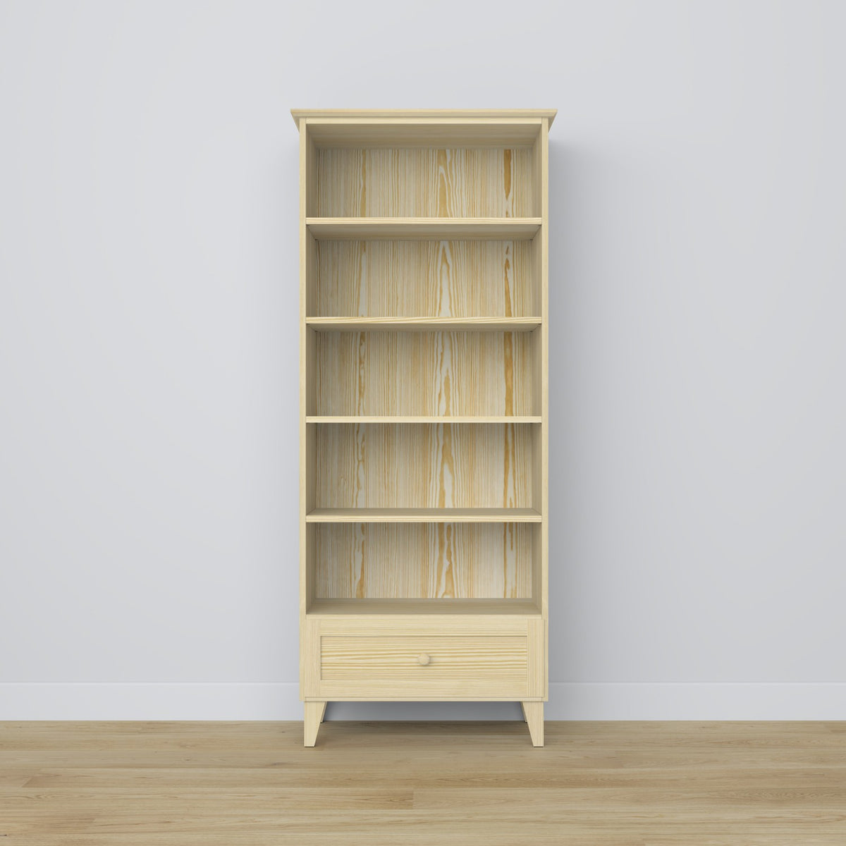 Bookcase 1S 80 clear pine made of pine – side view, depth and profile
