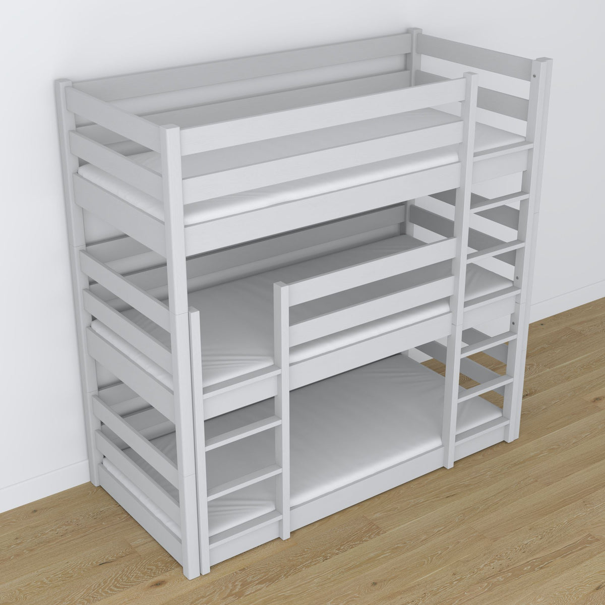 Drielaags stapelbed grijs in kinderkamer – scandi inrichting, Nizio