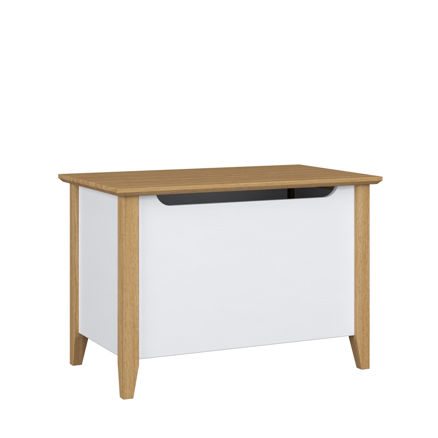 Coffre en bois blanc avec chêne – couvercle ouvert, intérieur spacieux pour le rangement