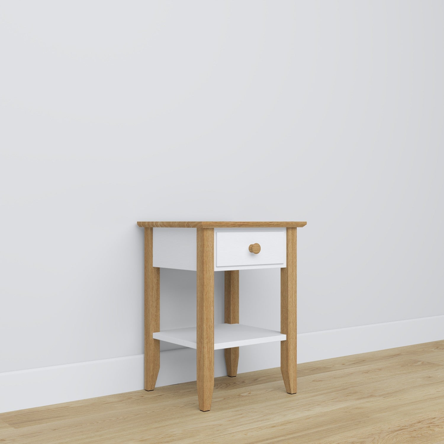 Table de chevet N01 blanc avec chêne en bois – vue de côté, Nizio Home