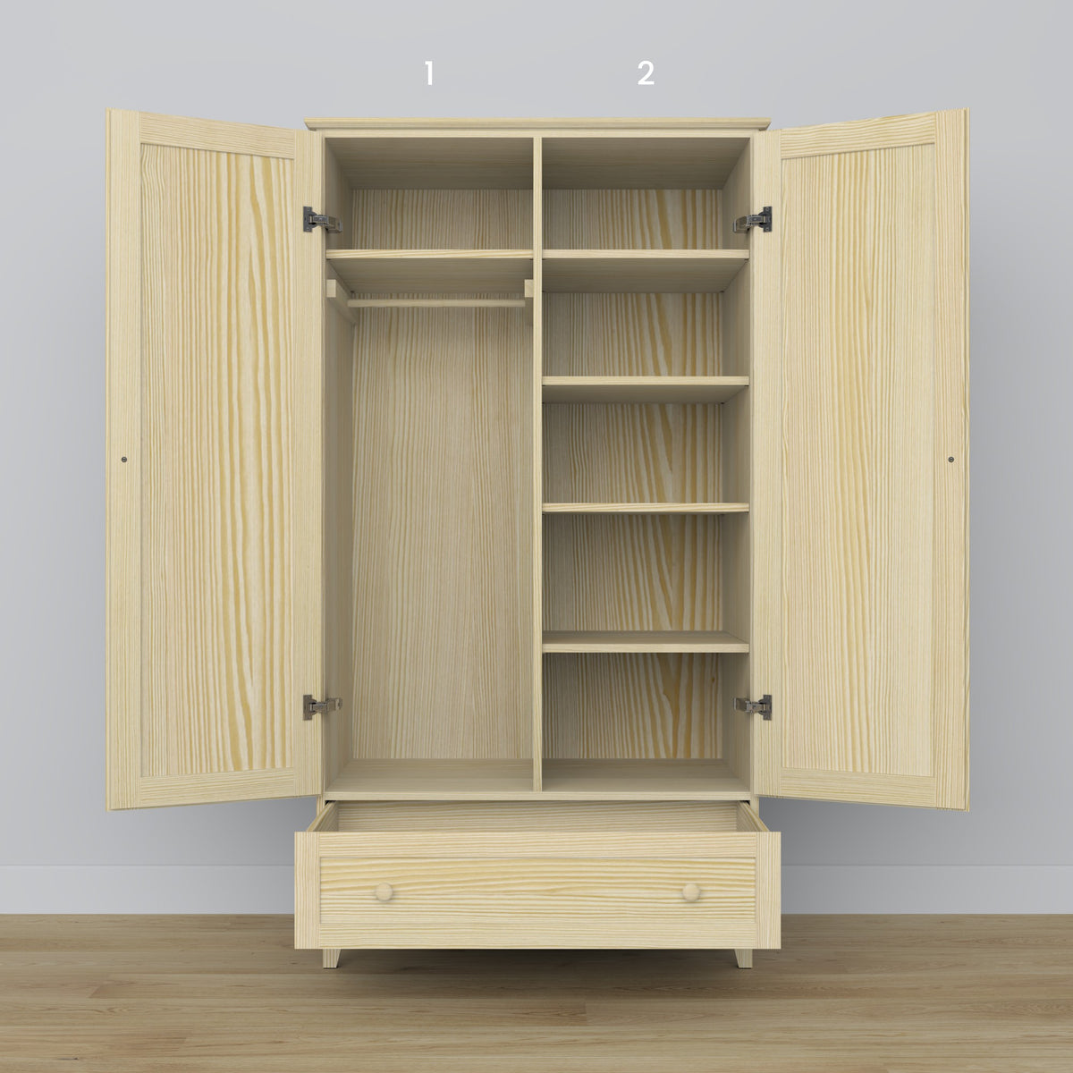Houten kledingkast 2D1S transparant grenen – deuren open, roede en interne planken