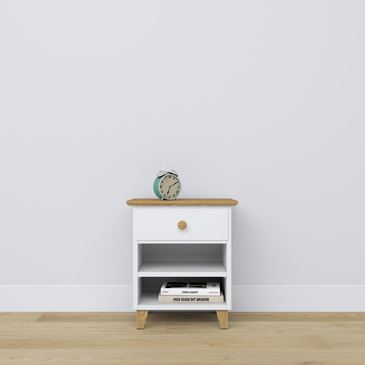 Table de chevet z tiroir N02 en bois blanc avec chêne – chambre, style scandinave