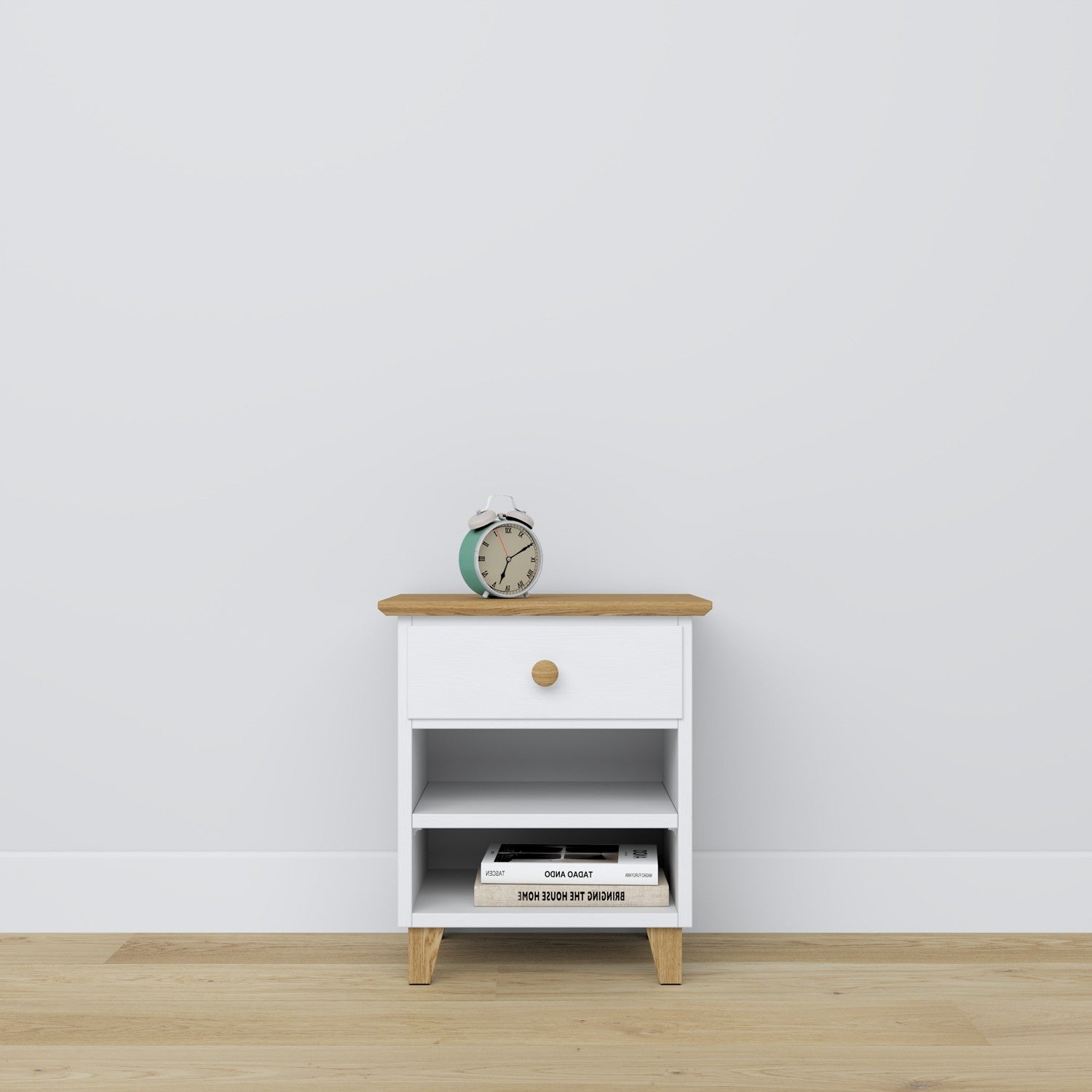 Table de chevet z tiroir N02 en bois blanc avec chêne – chambre, style scandinave