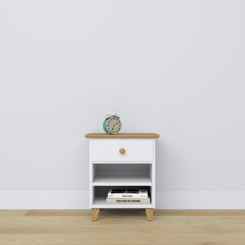 Table de chevet z tiroir N02 en bois blanc avec chêne – chambre, style scandinave