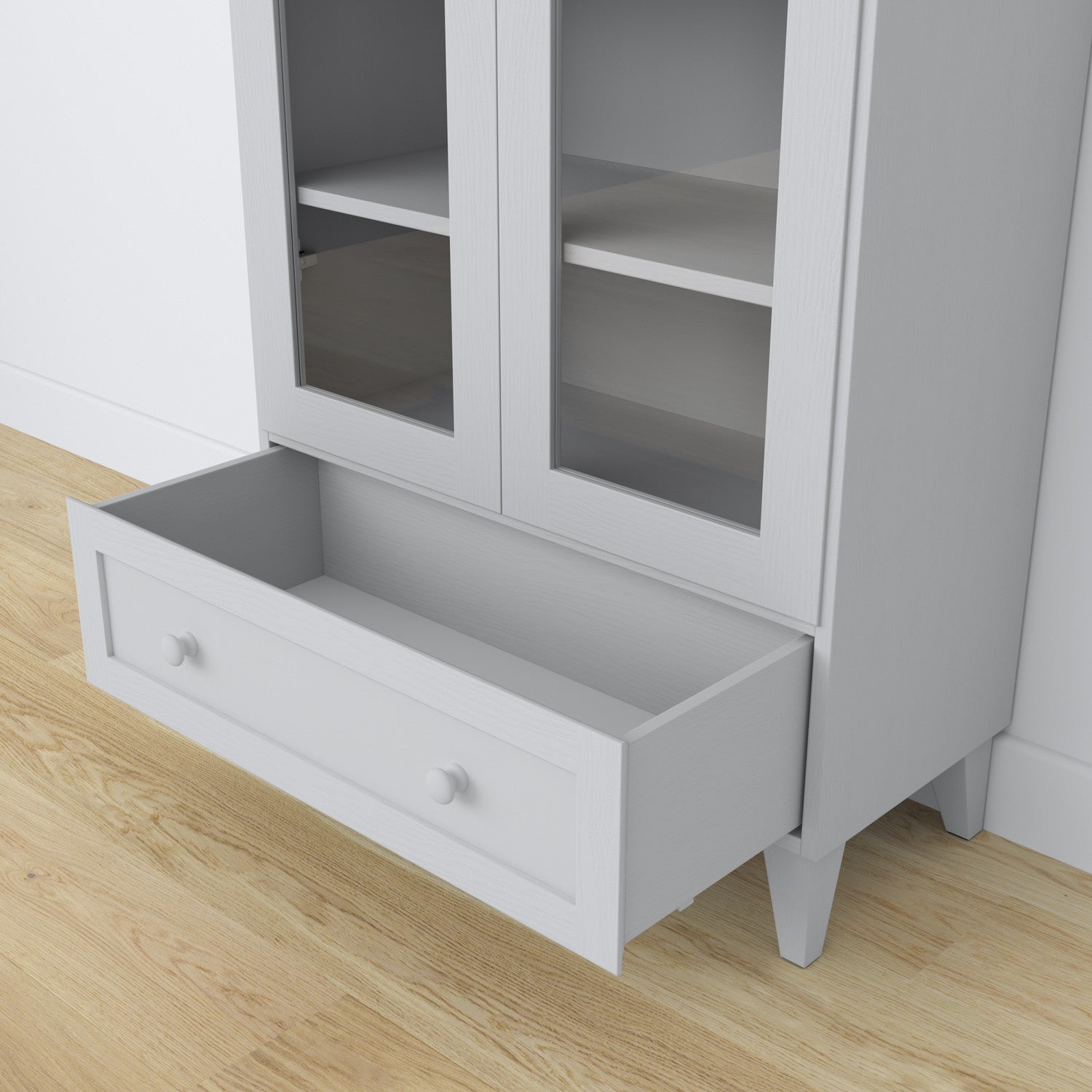 Vitrine 1S 90 gris – portes vitrées, charnières, en bois, Nizio