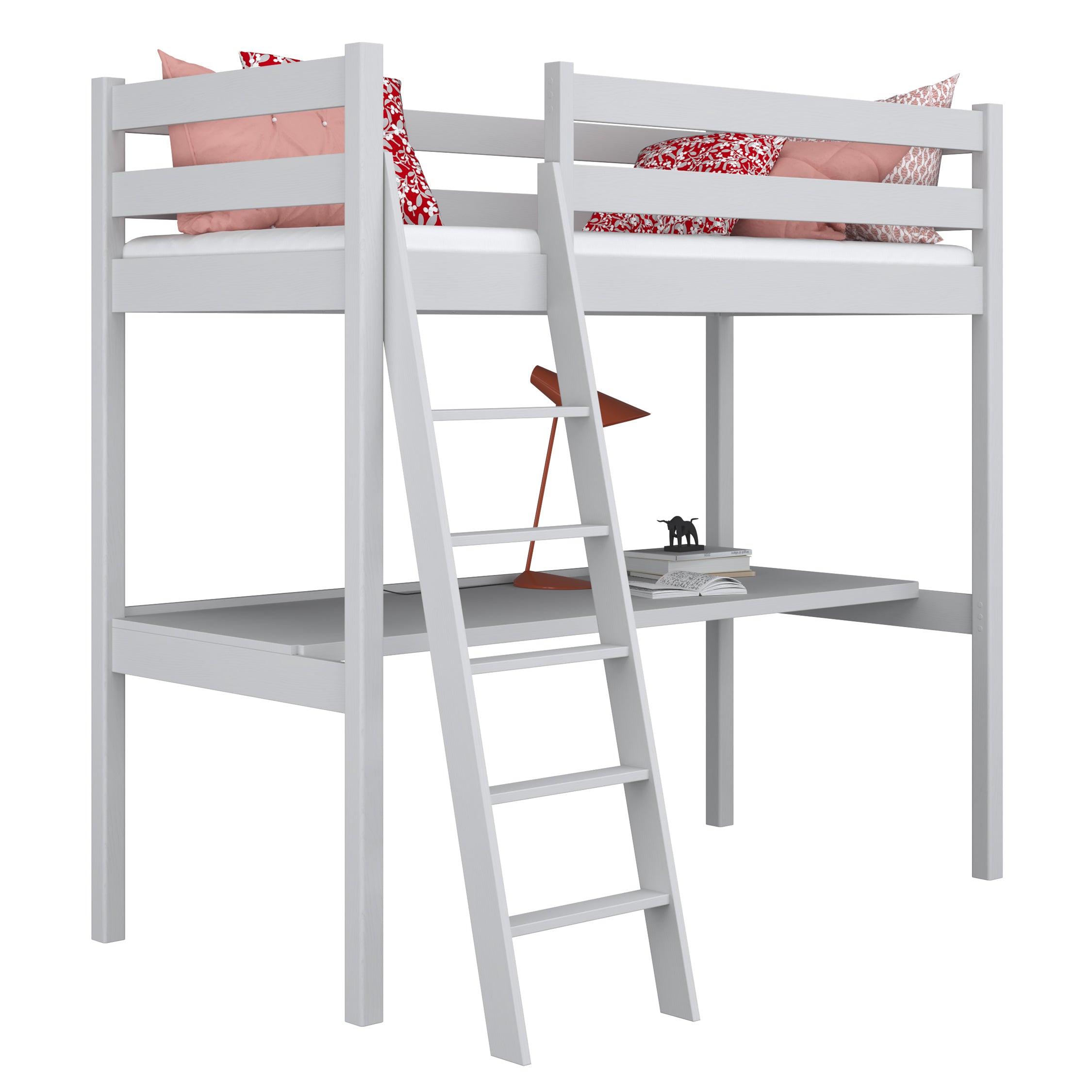 Loft bed grey with desk – study space under the sleeping area, wooden