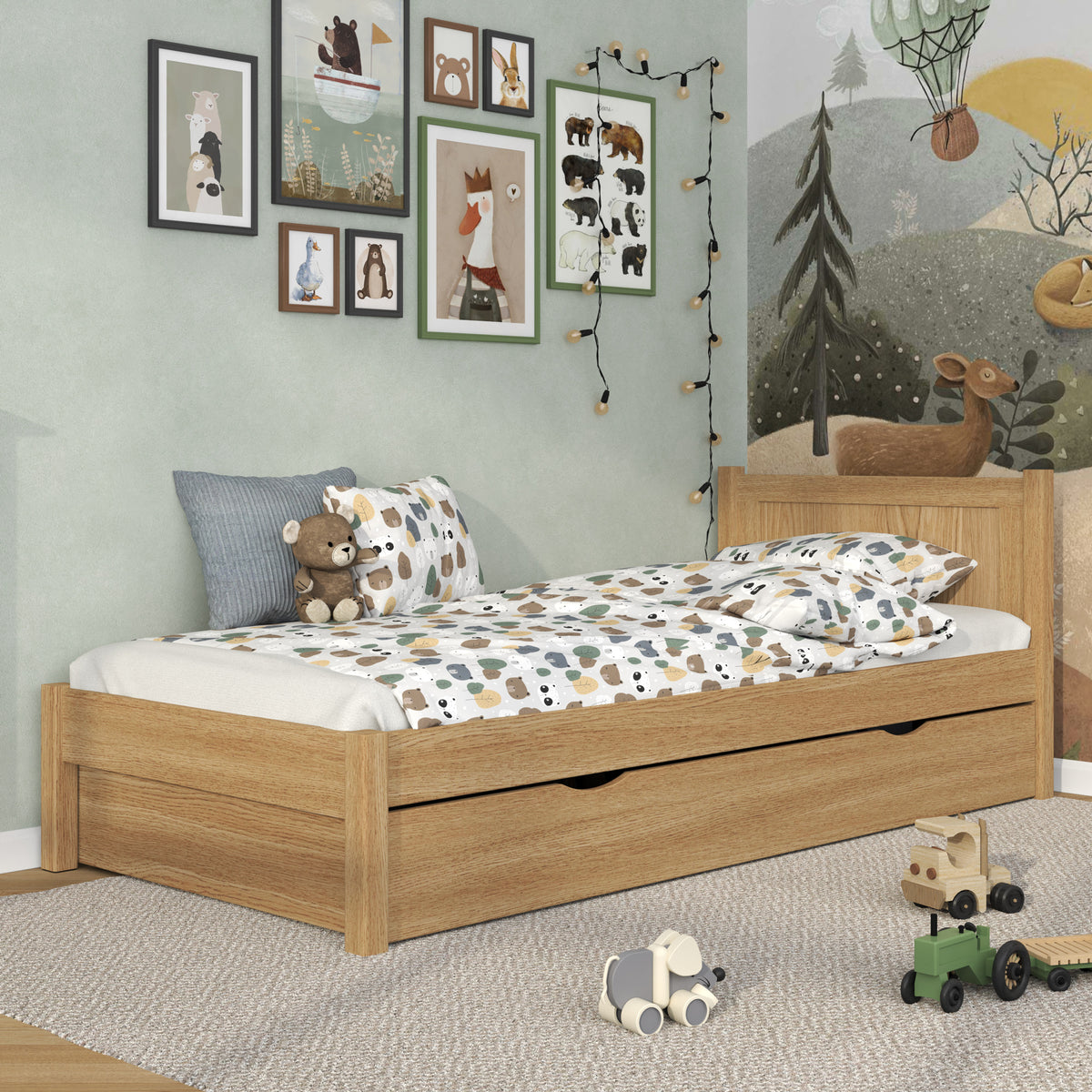Eenpersoons bed met lade eikenhouten naturel eiken – kinderkamer, scandi stijl