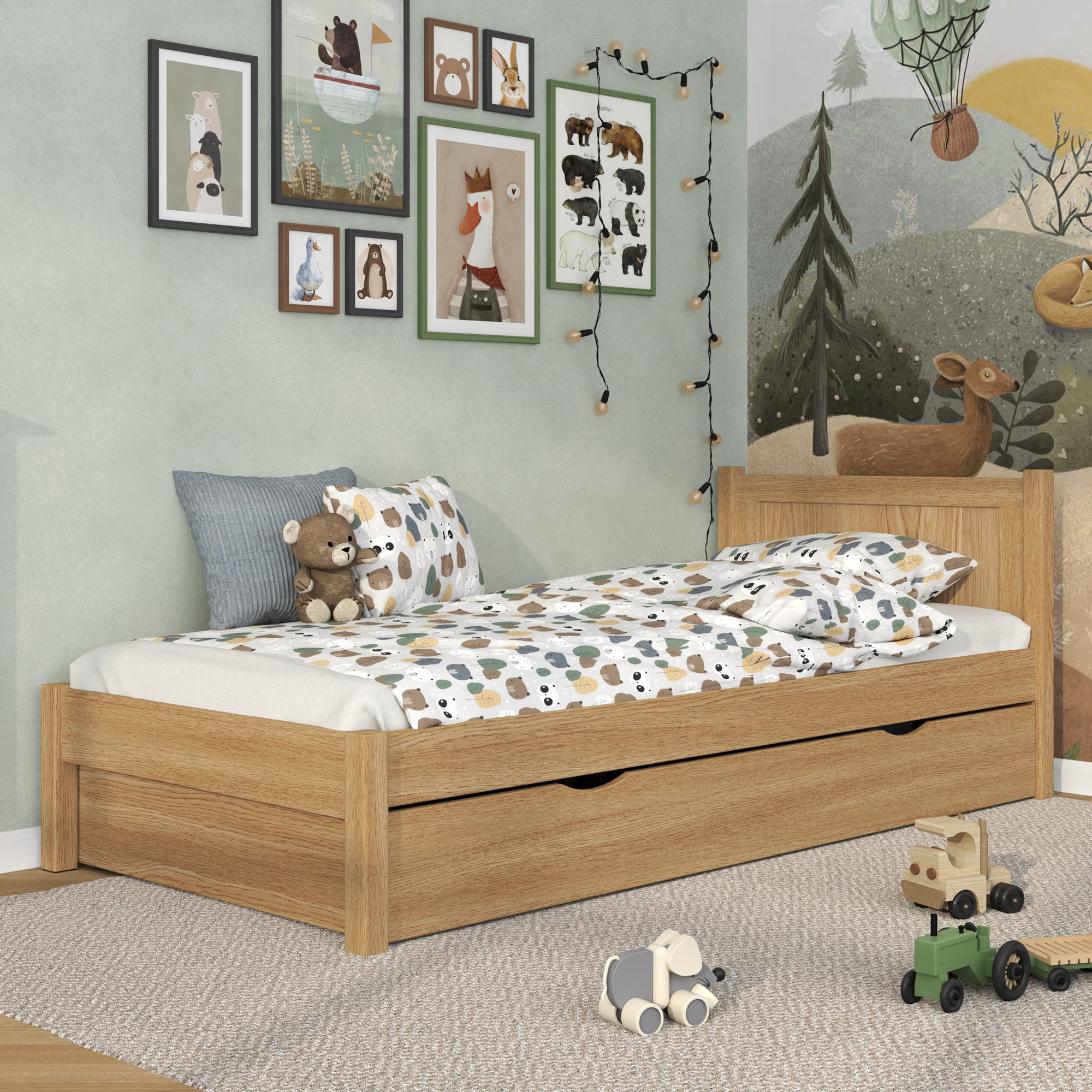Eenpersoons bed met lade eikenhouten naturel eiken – kinderkamer, scandi stijl