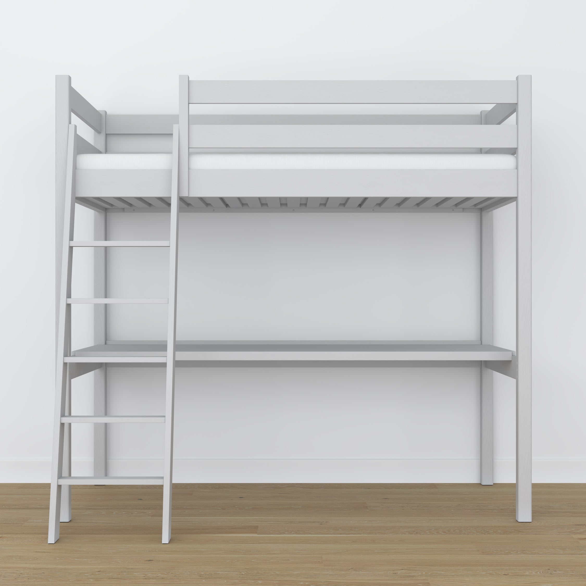 Loft bed grey wooden – top view of the sleeping area, Nizio