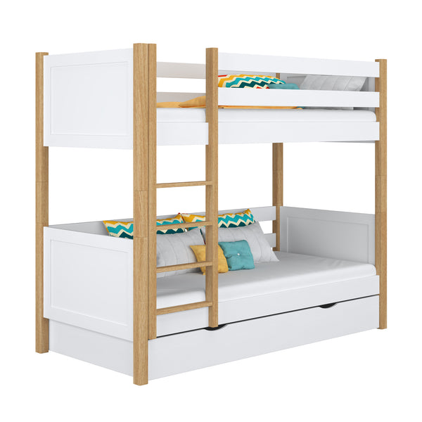 Lit superposé avec tiroir en bois blanc-chêne – chambre d'enfant, bois massif, scandinave