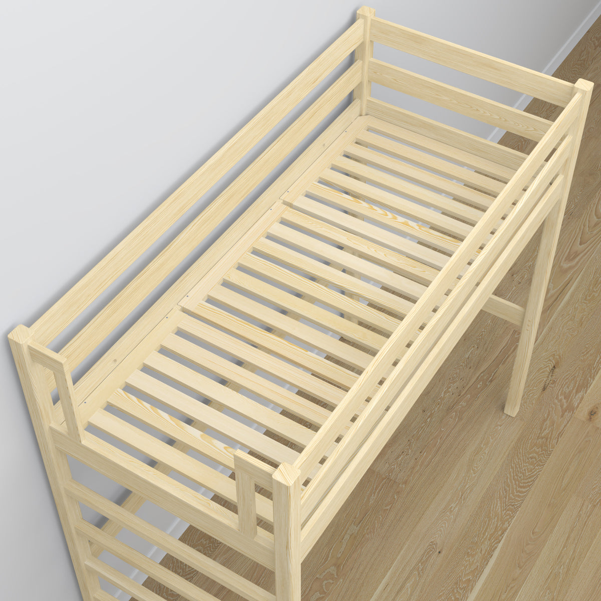 Lit mezzanine en bois pin incolore – détails des assemblages et de l'échelle, Nizio Home